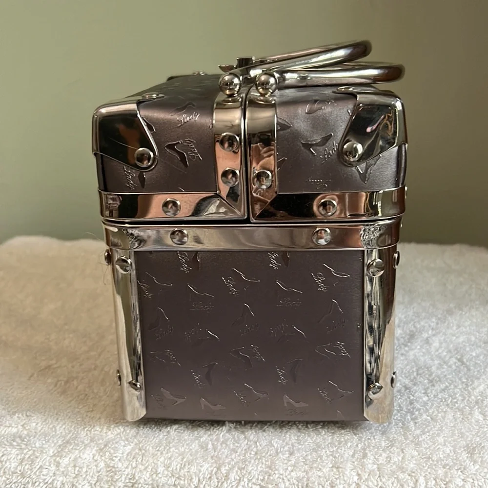 Designer Inspired Train Case With Silver Fabric With Shoe Detail Metal Clasp